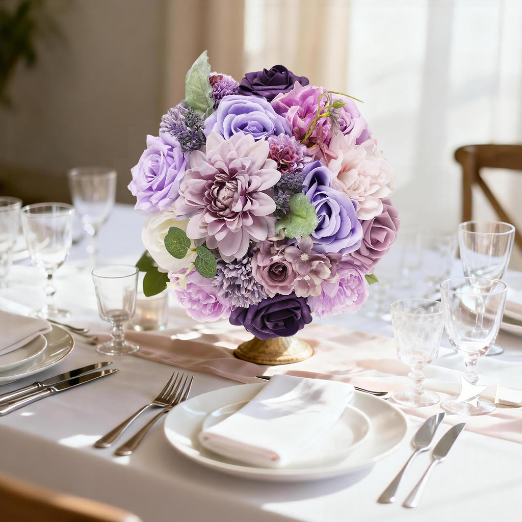 Artificial Combo Box Purple Fake Silk Flower Dahlia Roses for Wedding Bridal Bouquets, Baby Shower, Birthday, Floral