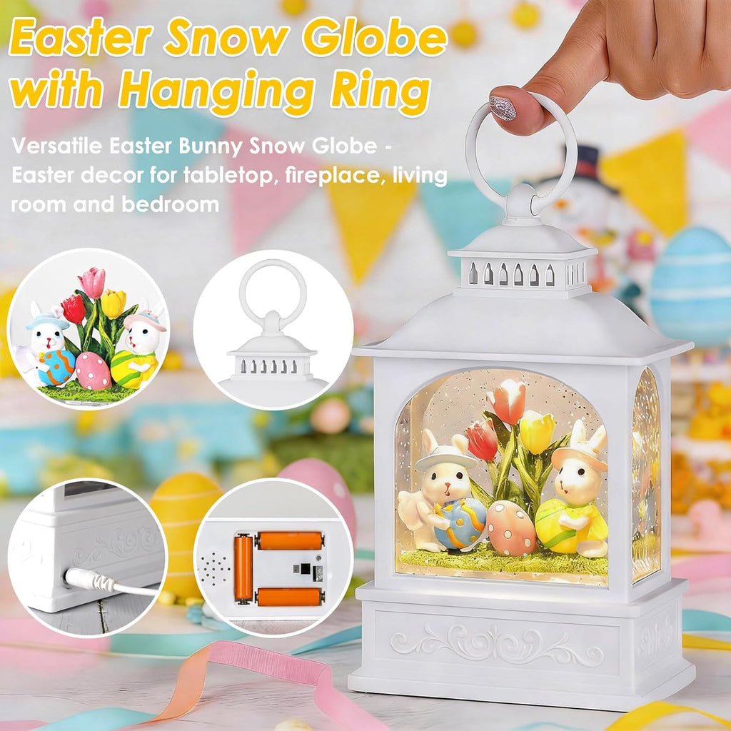 Easter Bunny Snow Globe, Easter Eggs Spring Snow Globe 6H Timer Glitter Lantern Easter Decorations (Bunny Eggs)