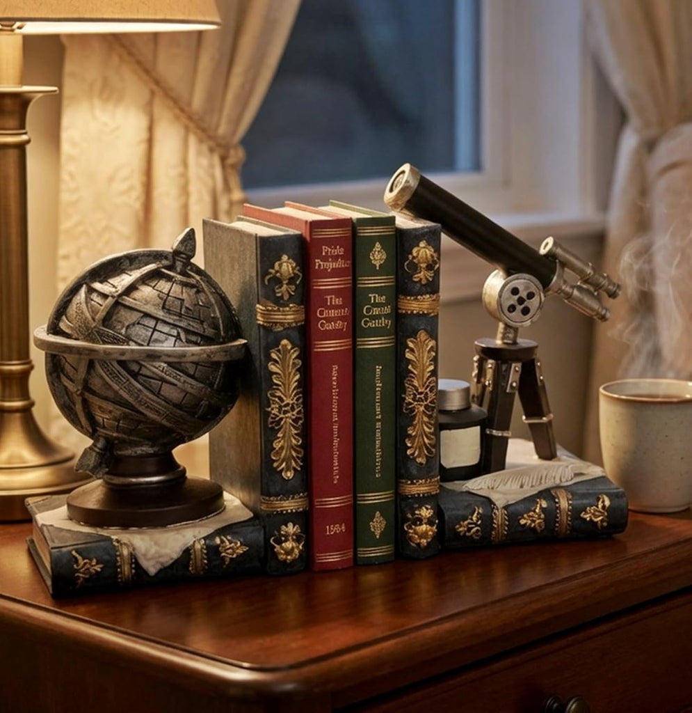 Galileo Bookends, Telescope, Globe, Armillary Sphere, Astronomy - Set of 2