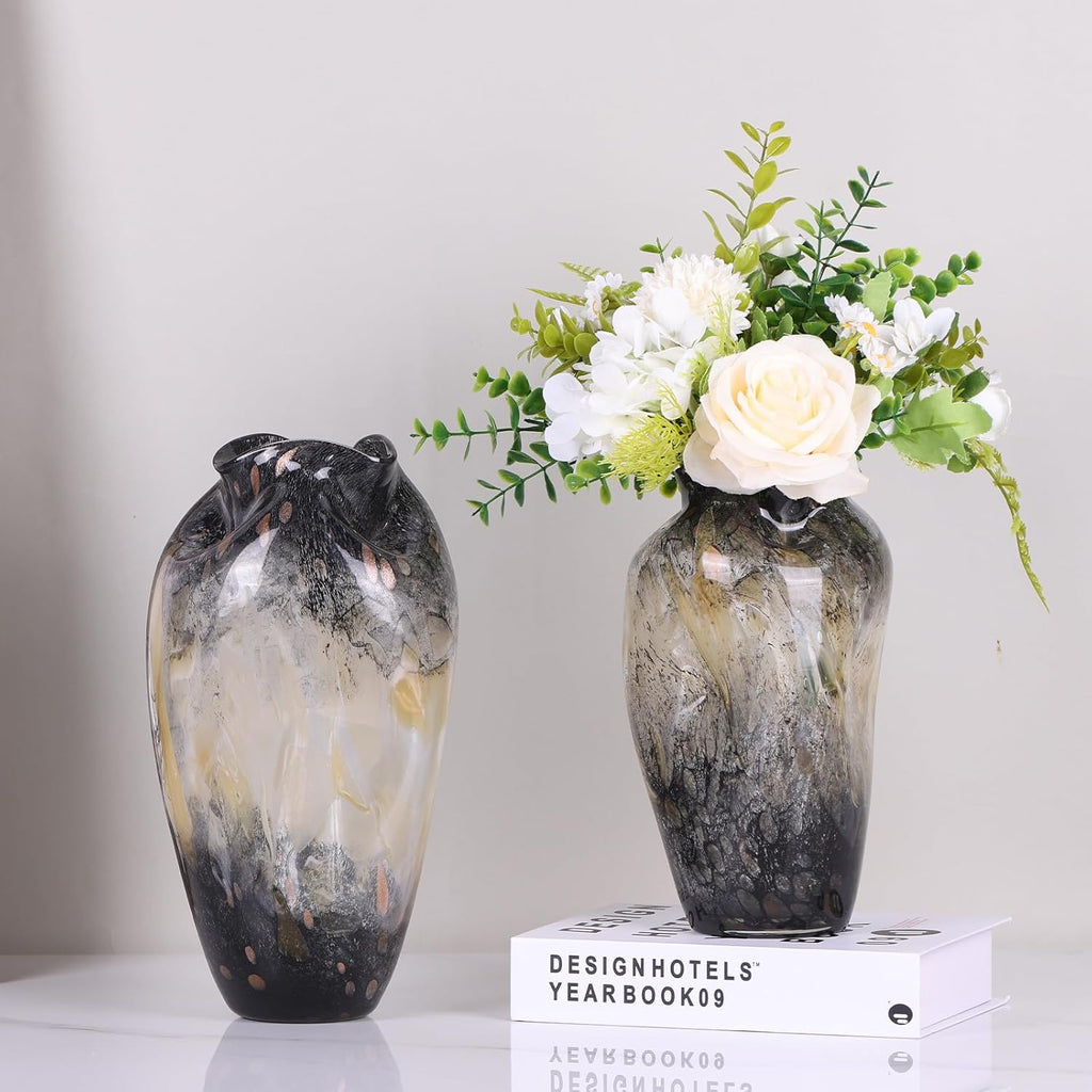 Murano Style Glass Vase, Hand Blown Decorative Art Vase with Ruffled Opening for Flowers, Shelf Tabletop Mantel
