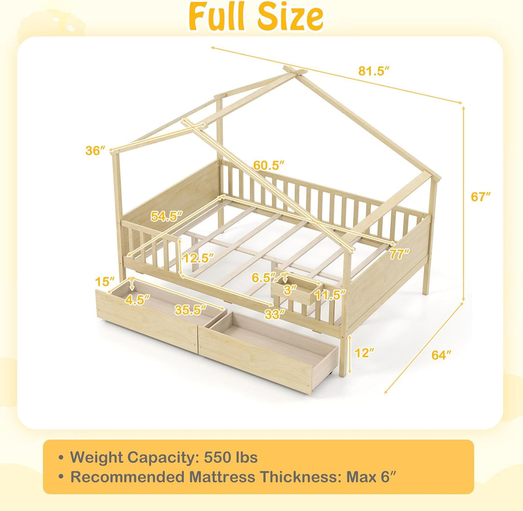 Full Size House Bed for Kids, Full Storage Bed with Roof & Fence Rails, Wood Bed Frame with Storage Box & 2 Rolling