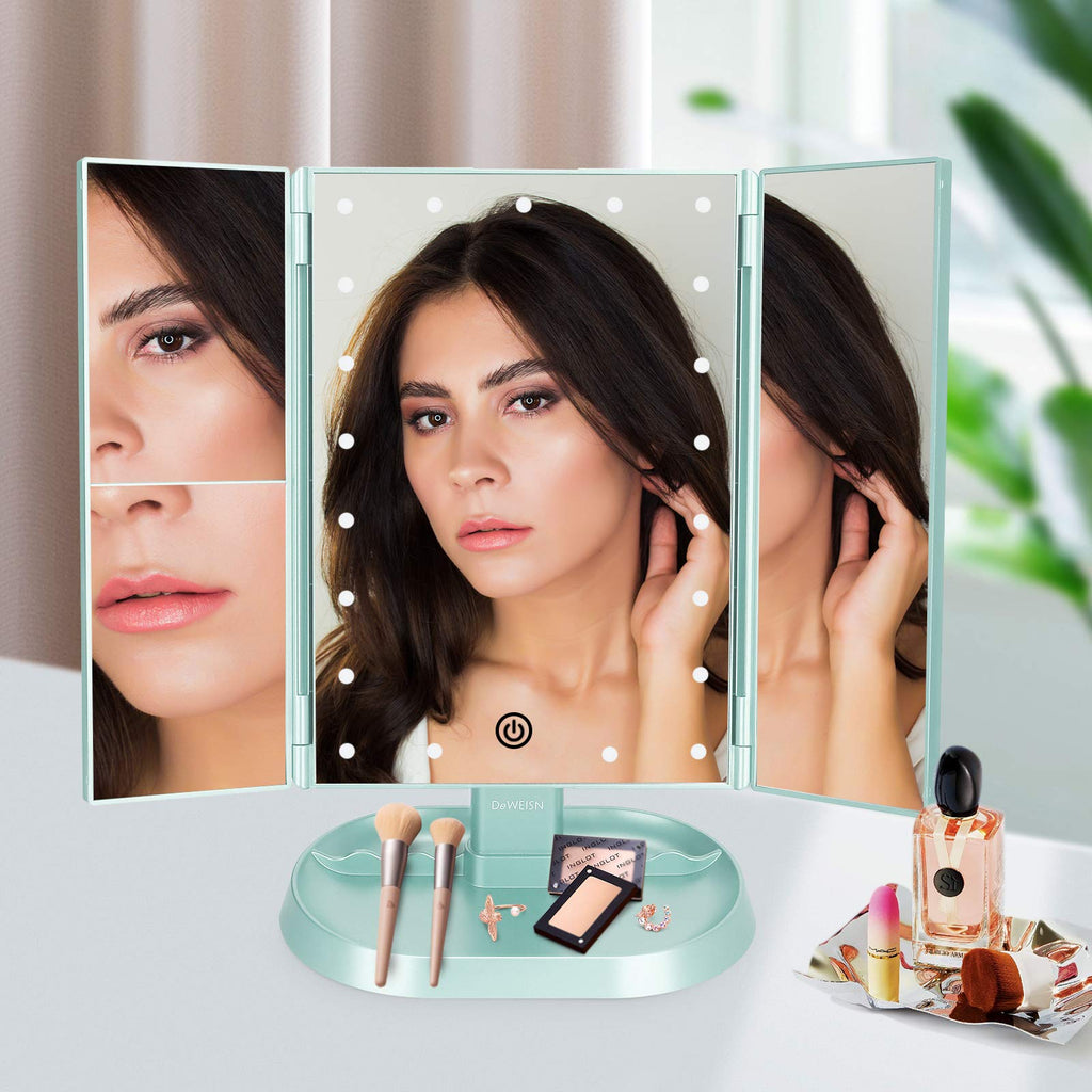 Trifold Lighted Vanity Makeup Mirror with 21 LED Lights,1x/2x/3x Magnification Touch Screen Dimming,Two Power
