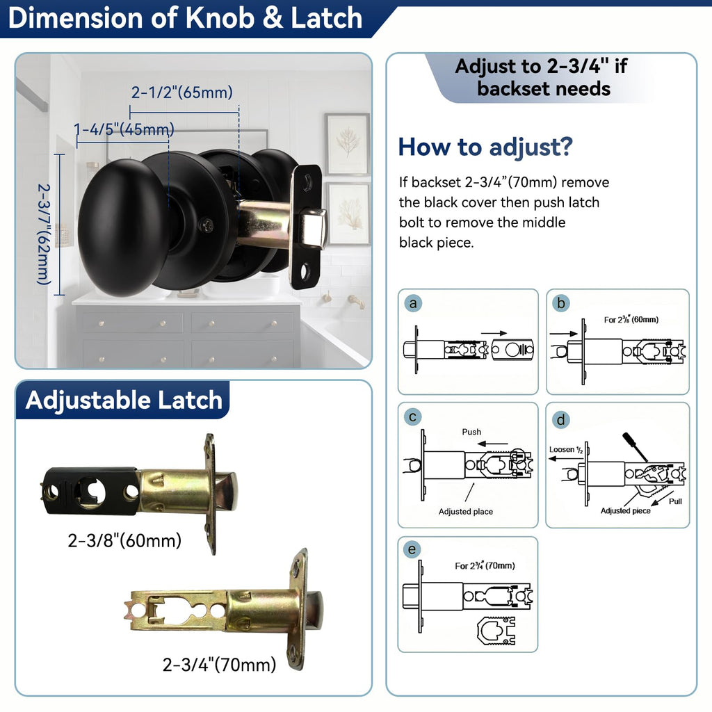6 Pack Black Oval Door Knob with Non Locking for Hall & Kitchen