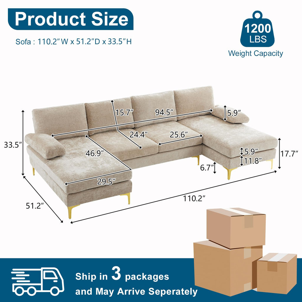 110" Large U-Shape Sectional Sofa Couch with 51" D Double Chaise, Modern Sectional Couch Set with Soft 5.9"