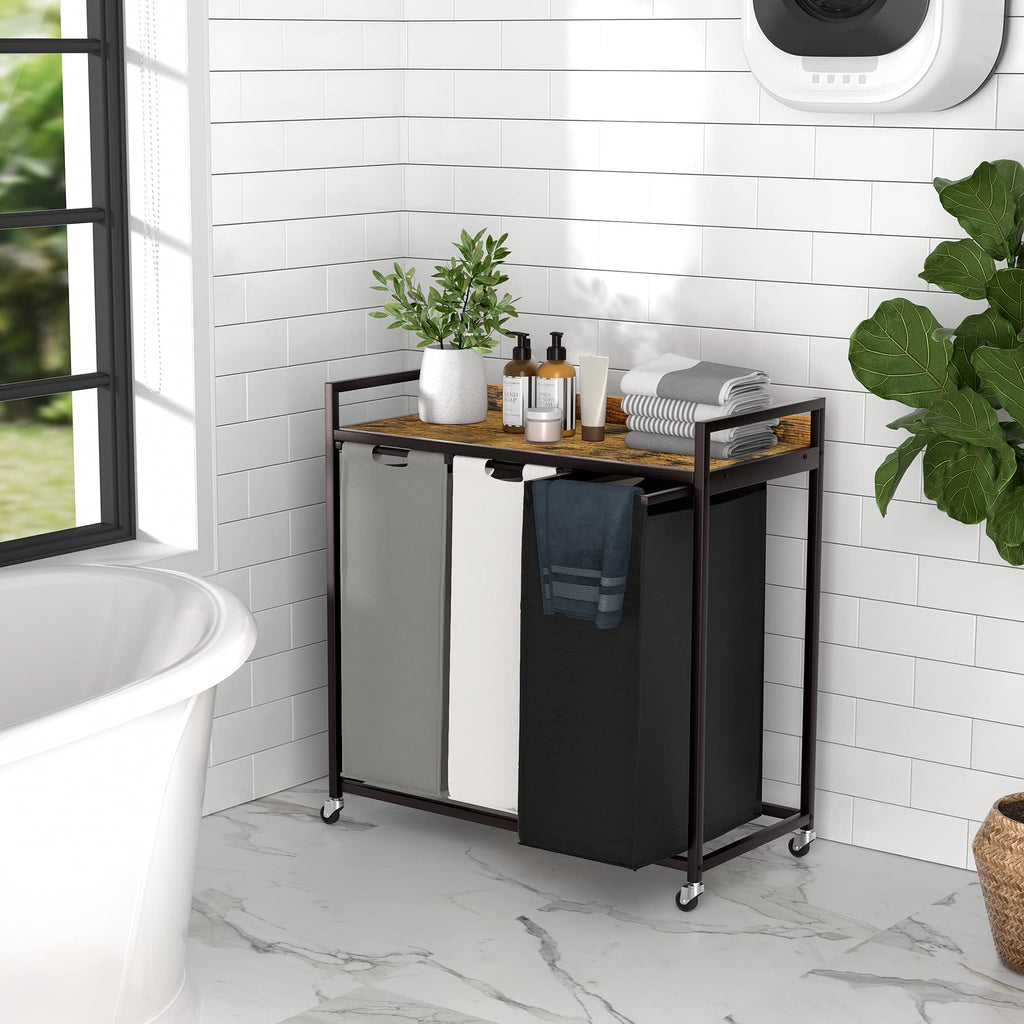 Laundry Hampers with Shelf, Laundry Basket 3 Section, Laundry Sorter with Pull-Out Removable Large 3 Color Bags and