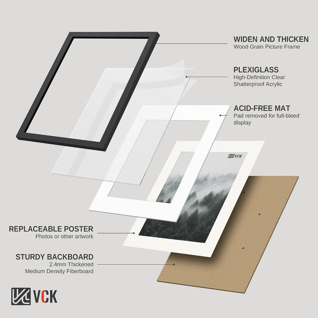 24x36 Frame 3 Pack, Black Solid Wood, 20x30 Mat, for Picture | Wide Border, Acid-Free Mat, 24x36 Poster Frame, Wall