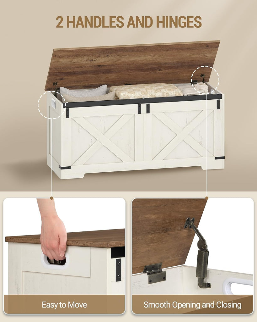43" Storage Bench, Lift Top, 210L/55Gal Storage Chest | Retro White, Farmhouse, FSC Wood, 330lb, Double Hinges