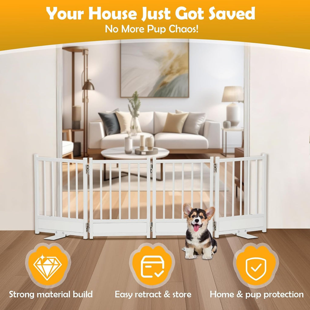 Freestanding Short Dog Gate, 16" Pet Gate Indoor with Support Feet Easily Step Over, 4 Panel Metal Wood Foldable Pet