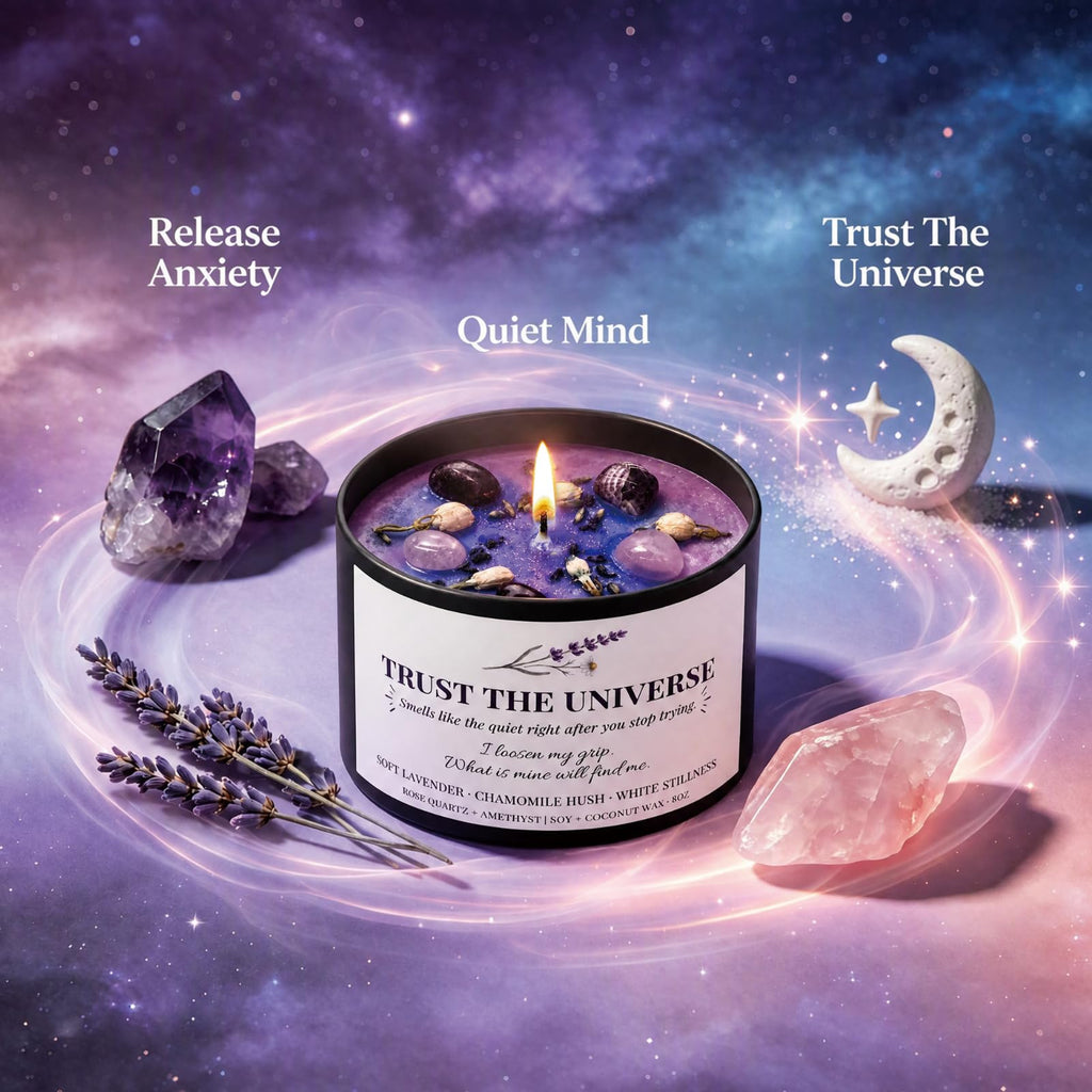 Trust the Universe Crystal Candle for Serenity, 8OZ Amethyst Energy Healing Candles, Protection Support Chakra