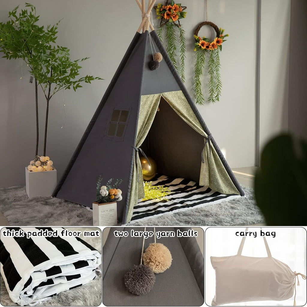 Teepee Tent for Kids Stripe Padded Mat Foldable Dark Tone Grey Play Tents for Girl and Boy with Carry Case Wooden