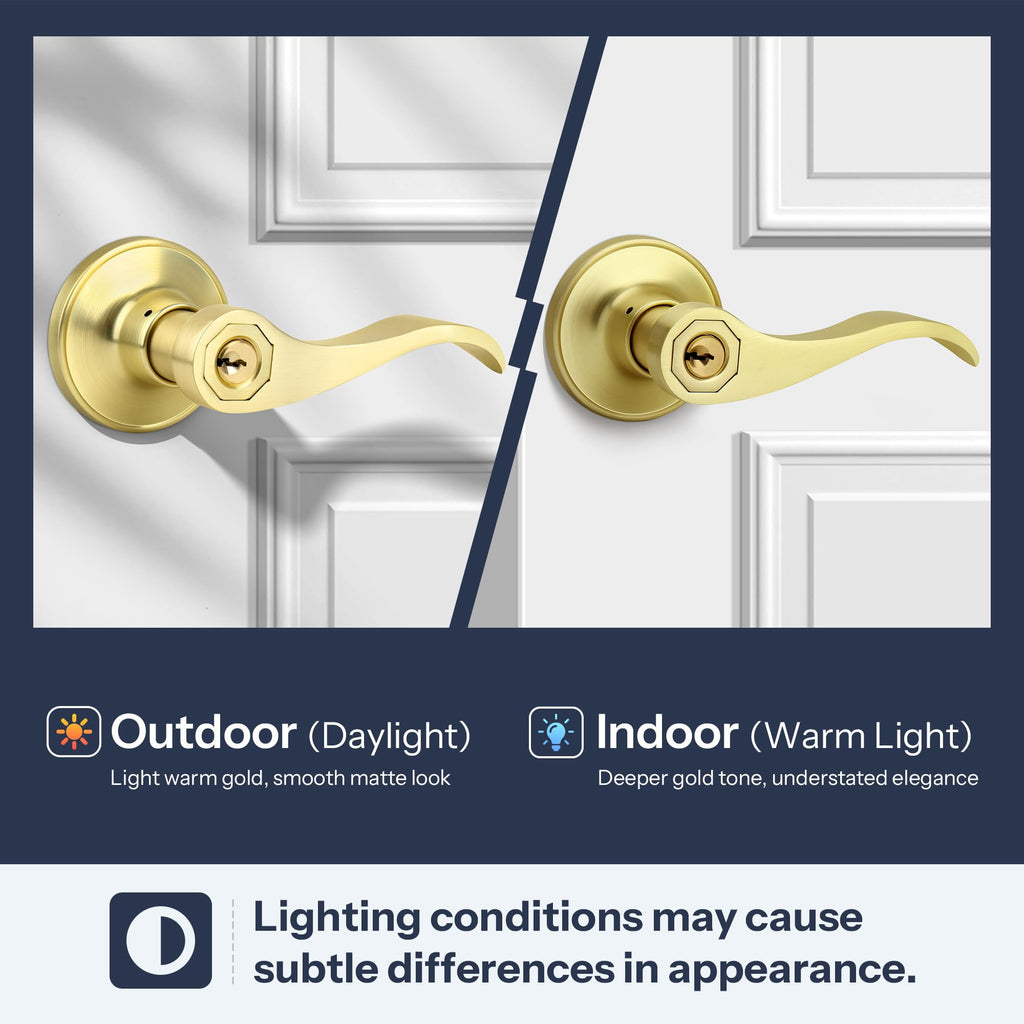 Wave Style Gold Door Handles with Lock and Key (Keyed Differently), Brushed Gold Keyed Entry Door Handle, Reversible