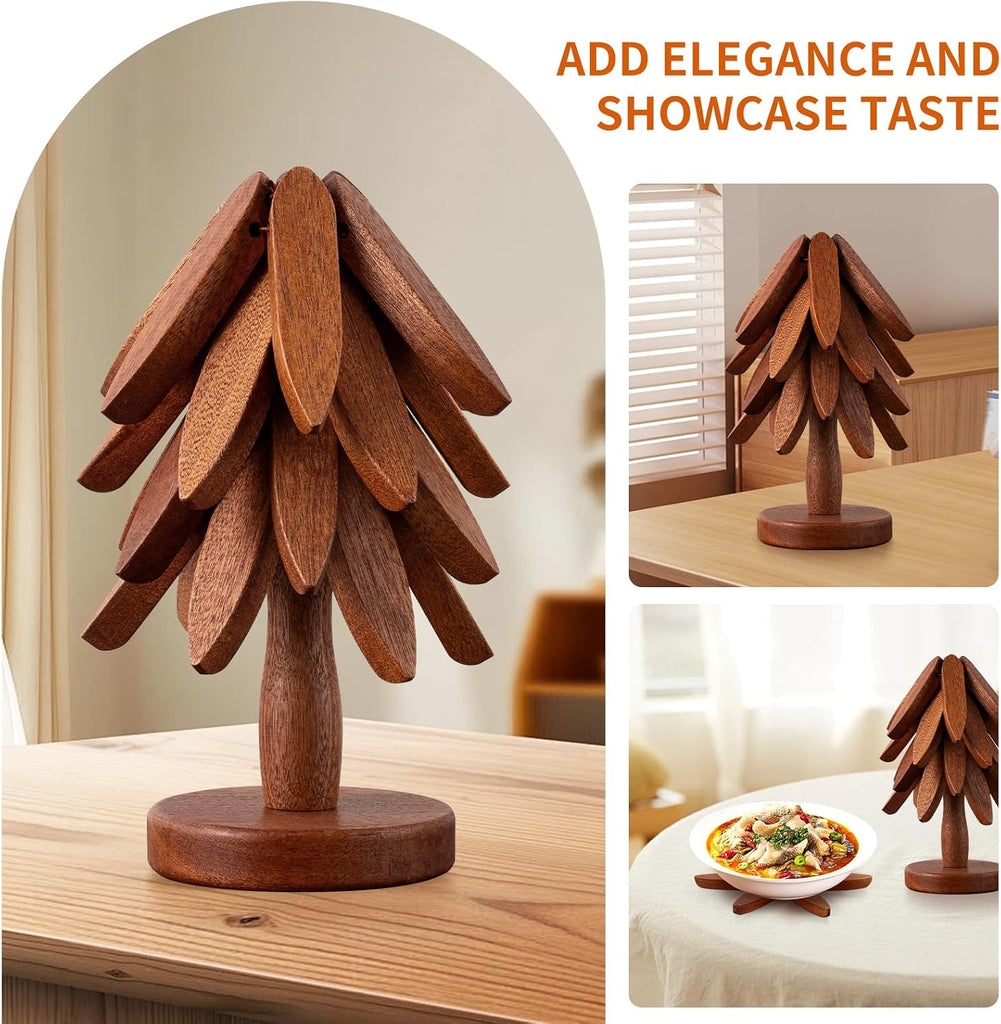 Wooden Trivets for Hot Dishes, Hot Dish Coaster with Tree-Shaped Wood Collapsible Hot Pad Trivet Tree for Restaurant - Set of 4