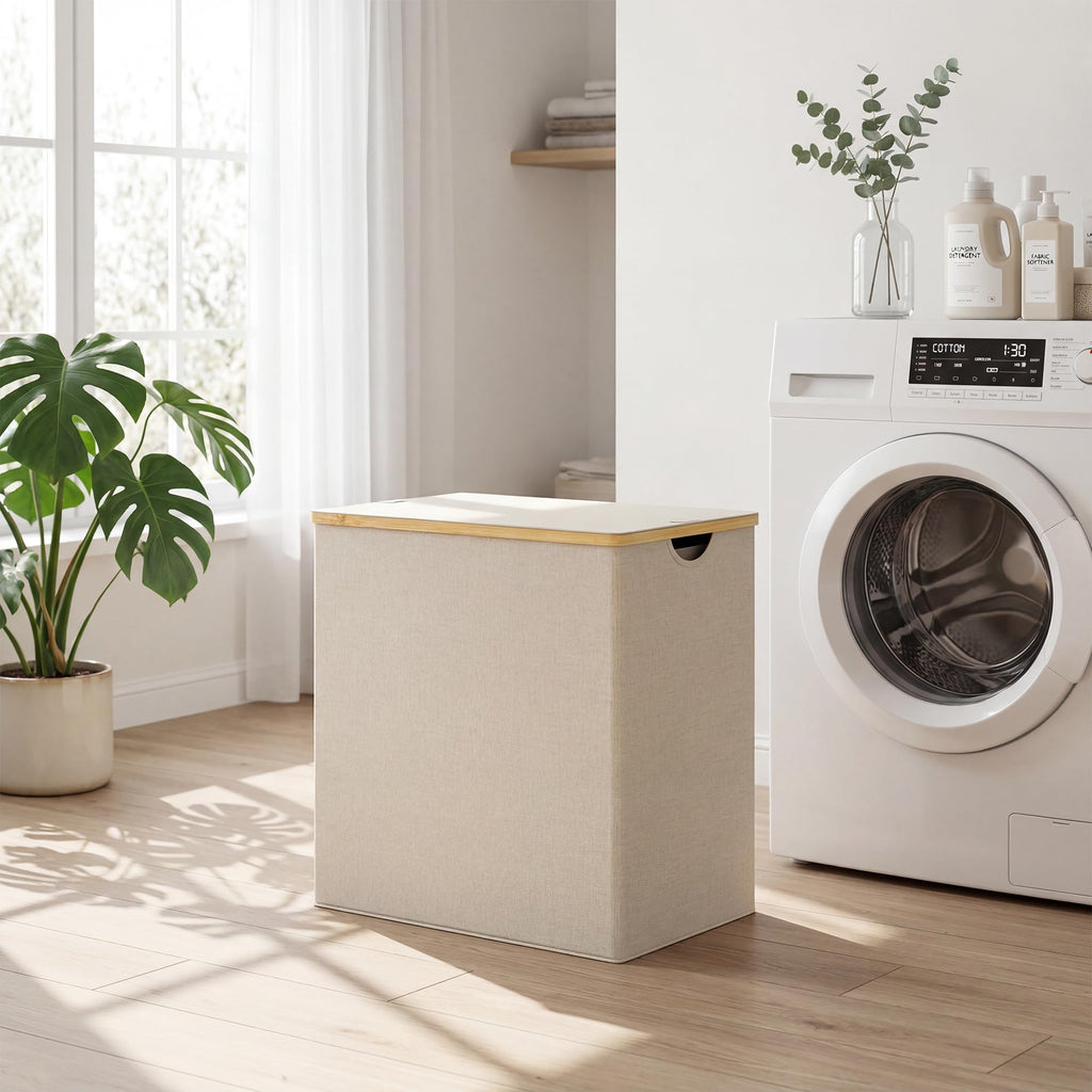 Double Laundry Hamper with Lid and 2 Removable Bags, Beige