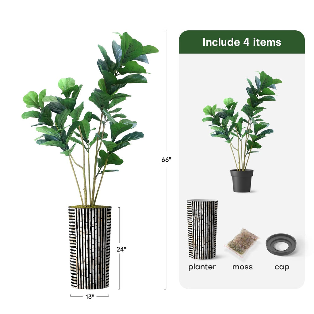 Artificial Tree in Black and Brown Striped Planter, Fake Ficus Lyrata Silk Tree for Indoor and Outdoor Home