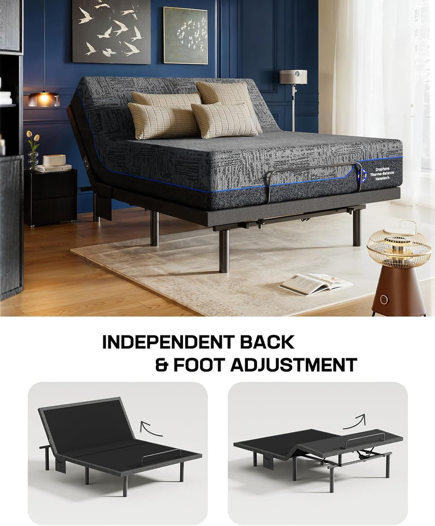 NS1 Queen Adjustable Bed Base with Massage- Smart Dual Motor Bed Frame with Wireless Remote, 3-Min Assembly, Zero