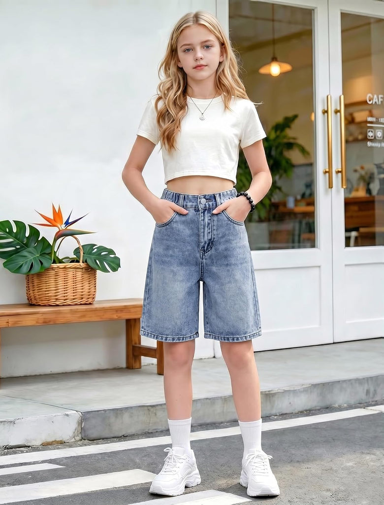 Girls Jean Shorts Baggy Wide Leg Jorts Cute Wash Bermuda Denim Shorts