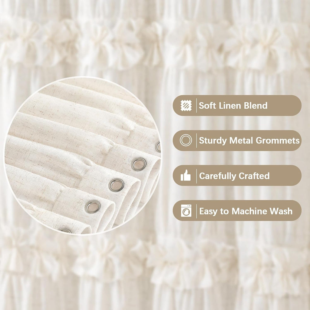 Ruffle Shower Curtain with Bow Vintage Farmhouse Linen Shower Curtain , Cream, 72" W x 72" H