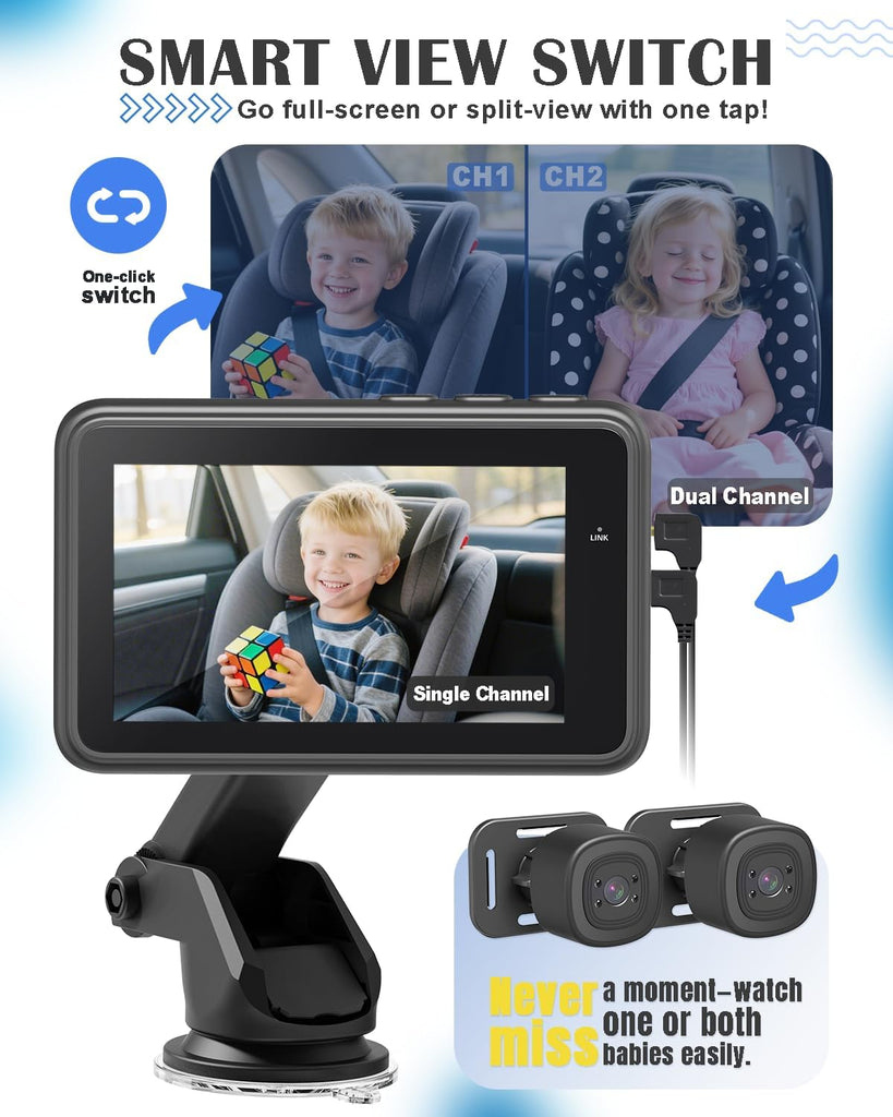 Car Camera for 2 Kids, 4.3" Split Screen Dual Channel Monitor