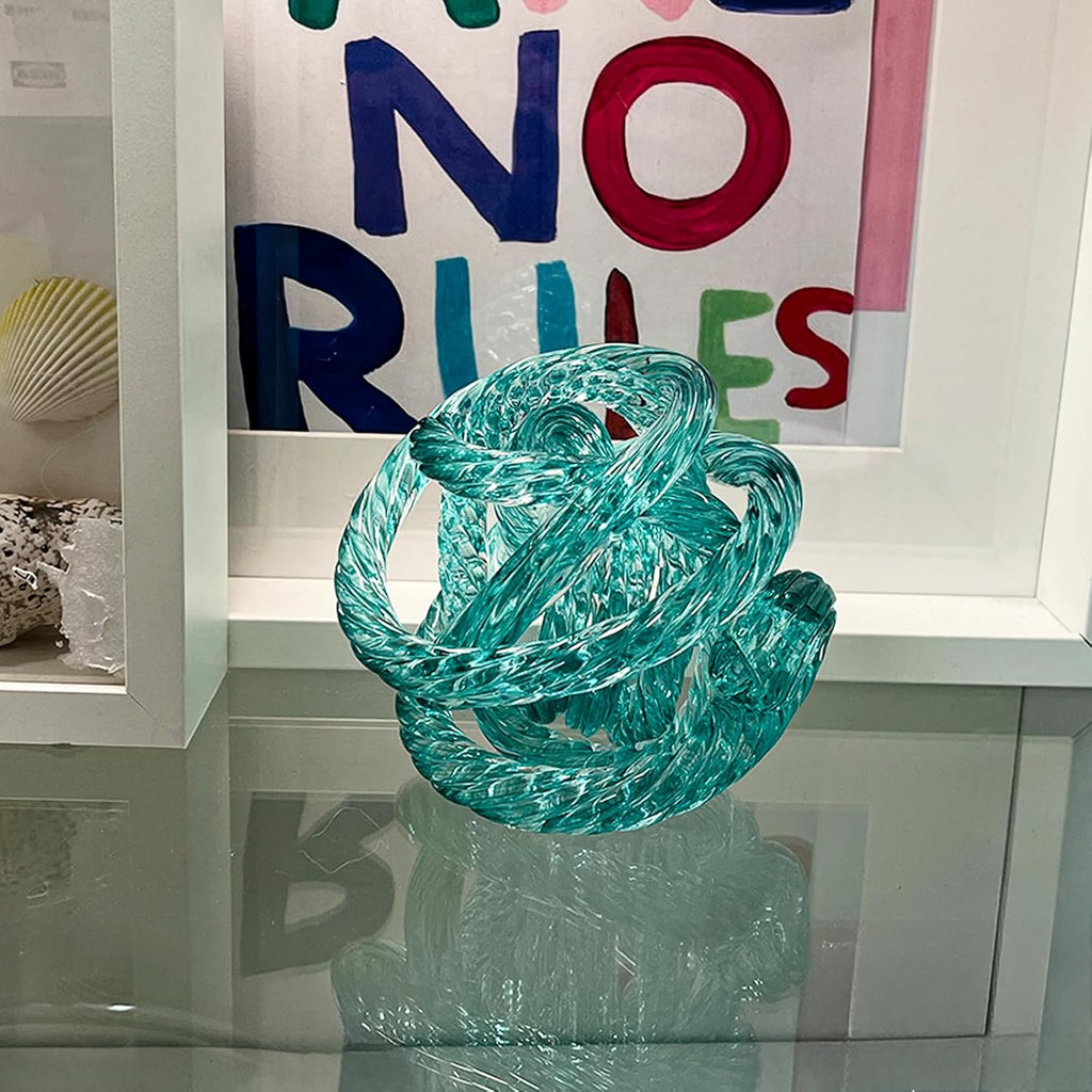Glass Knot Teal Orbit Ball - 5 Inch Hand Blown Infinity Sculpture Decor Glass Orbit Home Decor Table Decoration