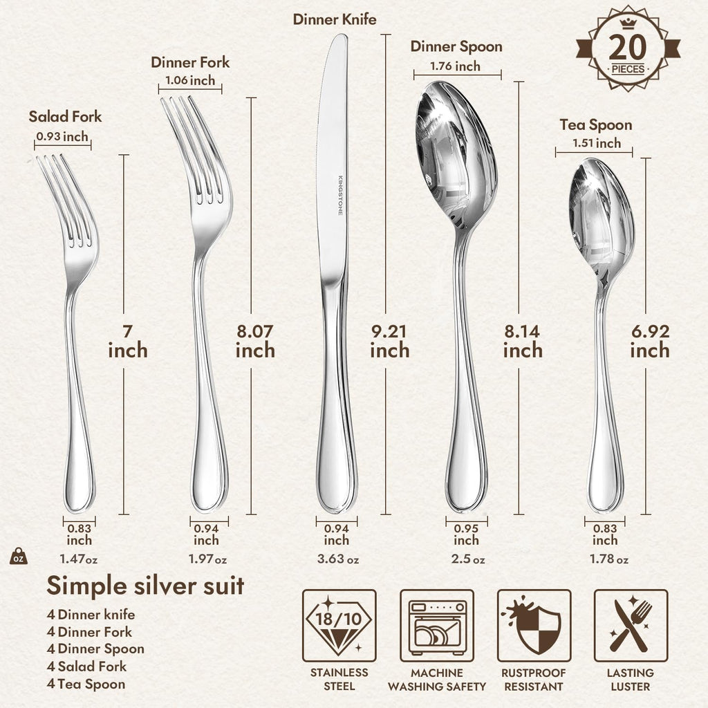 18/10 Stainless Steel Silverware Set for 4, 20 Piece Teardrop Flatware Set