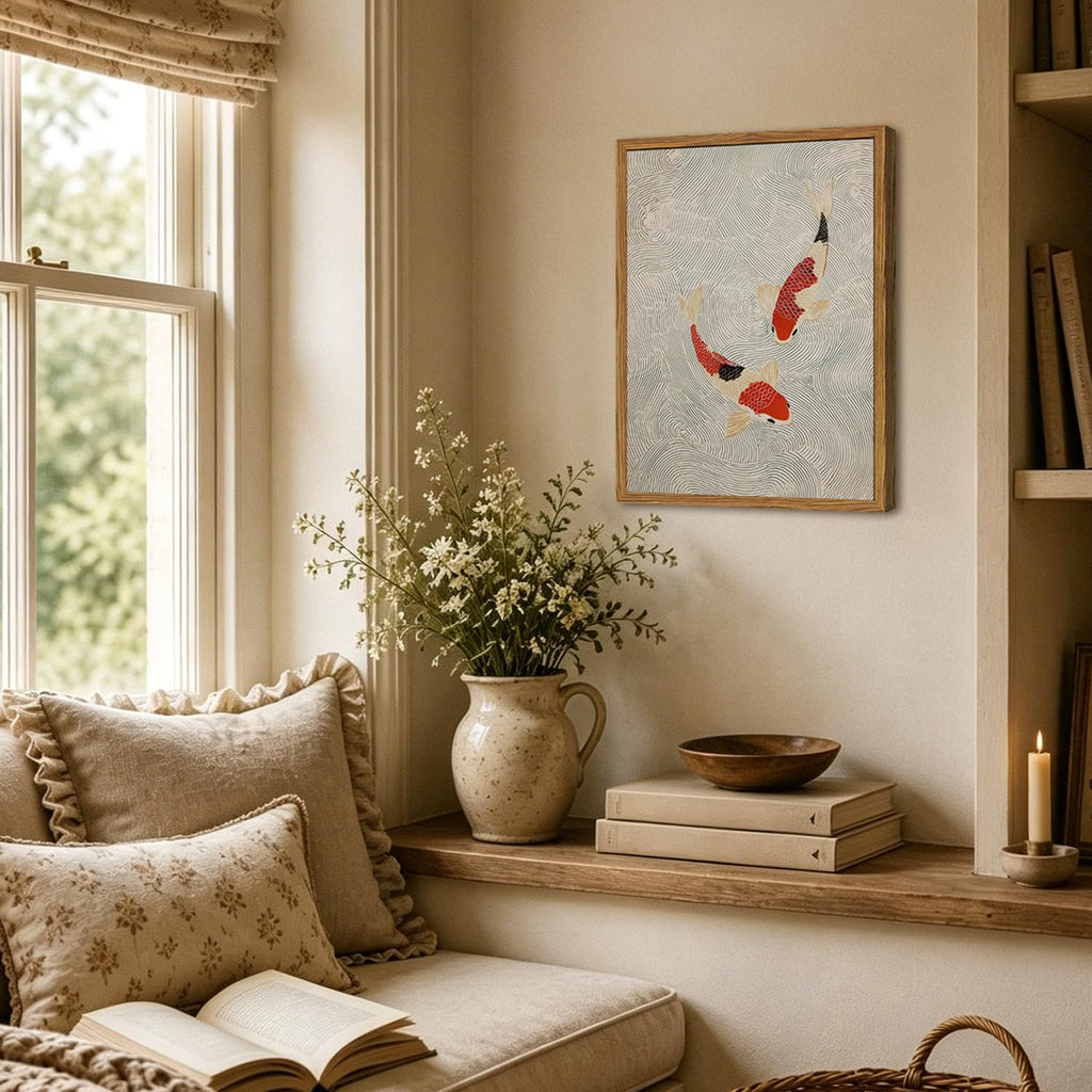 Framed Japanese Wall Art, Minimalist Red and Cream Koi Fish in Water Canvas Wall Decor Paintings, Japandi Zen Prints