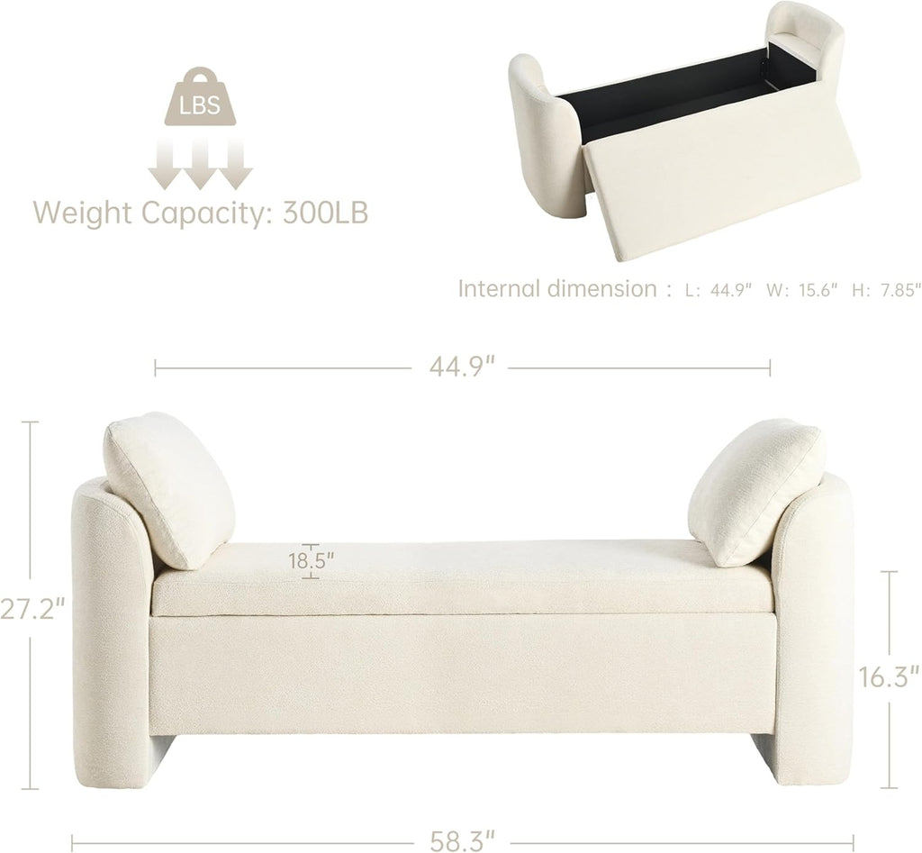 58.3" Upholstered Storage Ottoman Bench with 2 Throw Pillows, Beige | End of Bed Bench with Curved Arms and Thickened