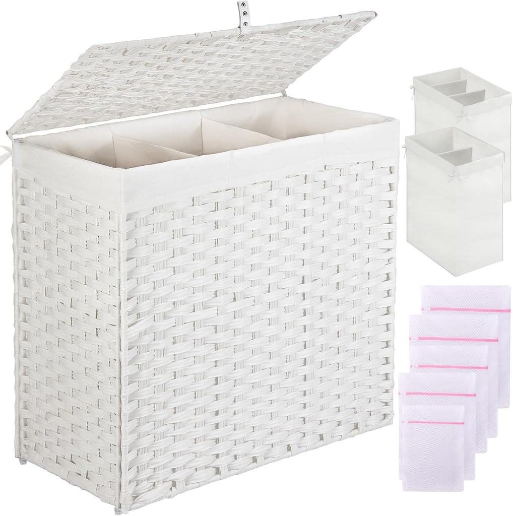 Laundry Hamper with Lid, 125L Large Clothes Hamper with 3 Section & 2 Section Removable Liner Bags & 5 Mesh Laundry