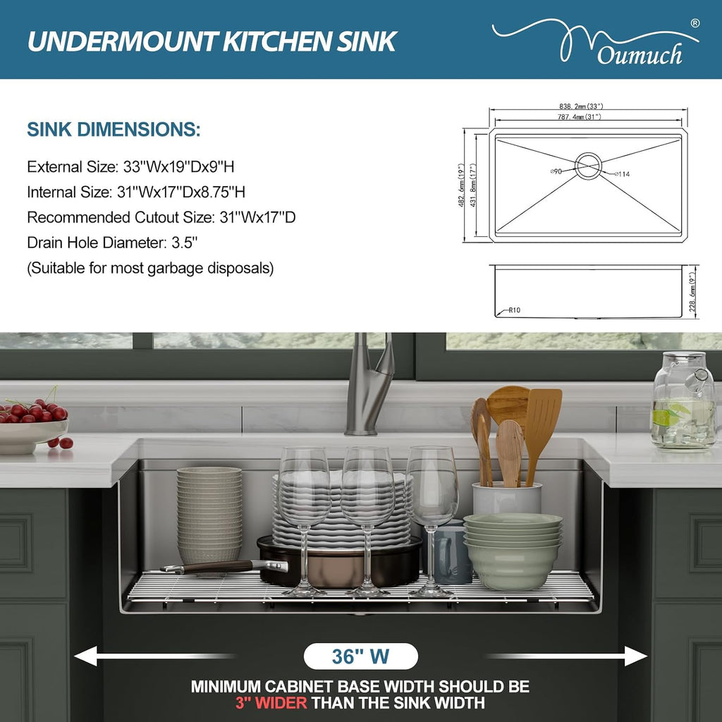 33" Black Undermount Stainless Steel Kitchen Sink Workstation | T304 Stainless Steel Handmade Workstation Undermount