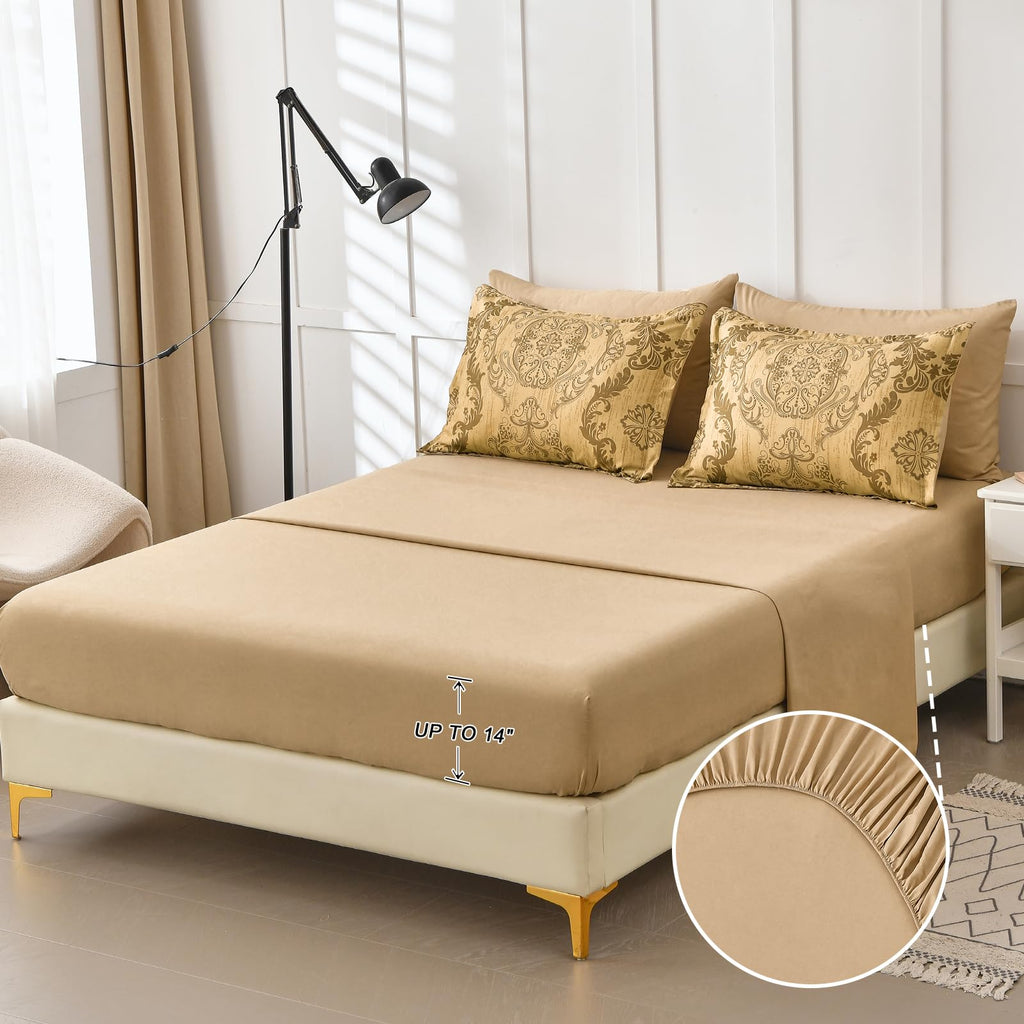 Gold Comforter Set King Size, Damask Texture Design 7 Pieces Bed in a Bag Microfiber Comforter Bedding Sets -1