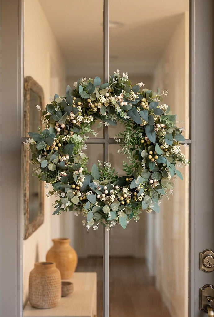 Year-Round Farmhouse Faux Wreath (24") - Realistic Eucalyptus, Boxwood & Berries