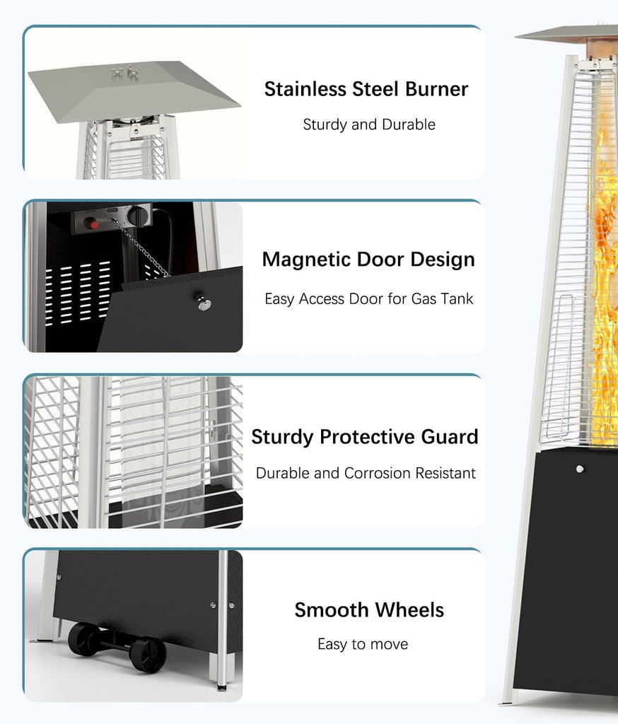 48,000 BTU Pyramid Patio Heater with Wheels, Cover, Black | Triple Safety Protection Propane Heaters, Outdoor Patio