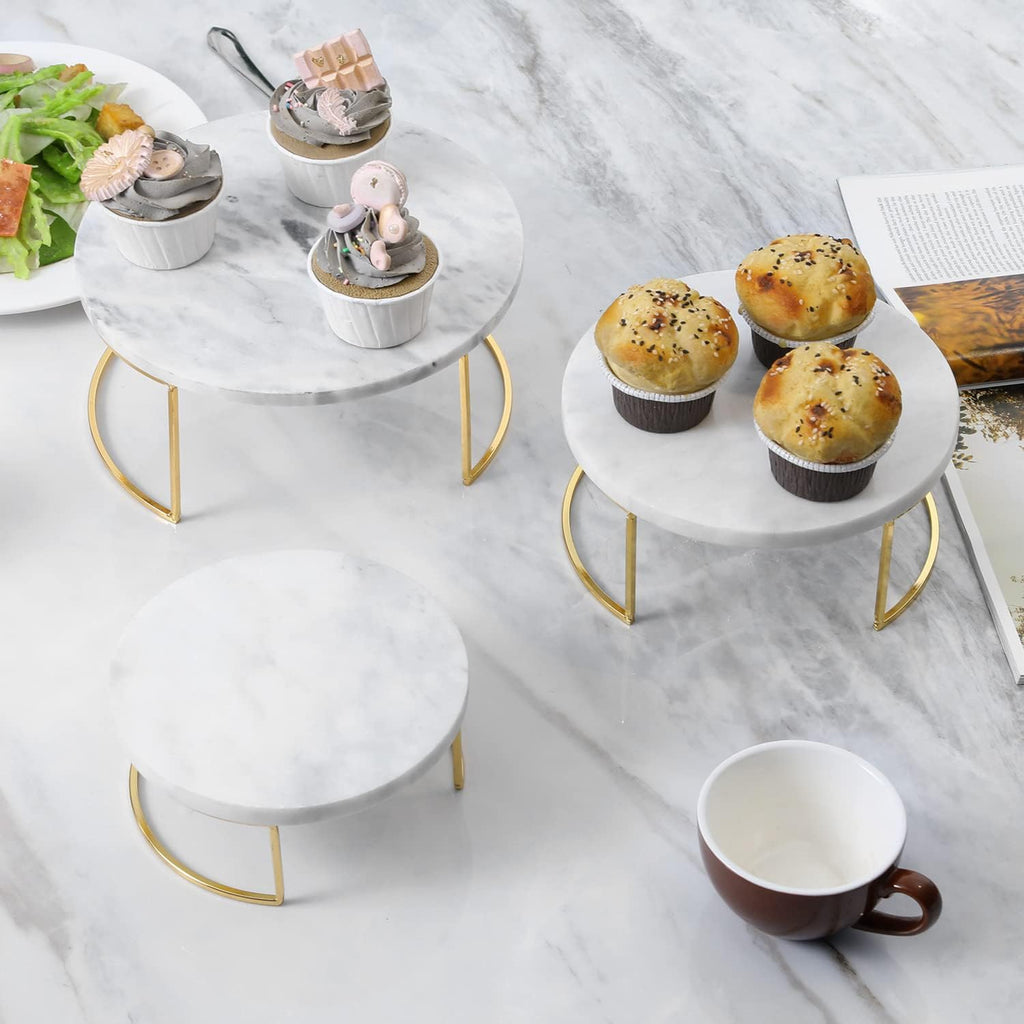 Modern White Marble Cake Stands, Brass Metal Cupcake Stand Dessert Pedestal Risers - Set of 3