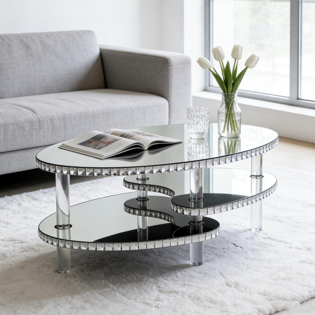 Modern Silver Mirror Coffee Table Luxury 43" Oval Glass Coffee Tables with Crystal Trim and Acrylic Legs Elegant