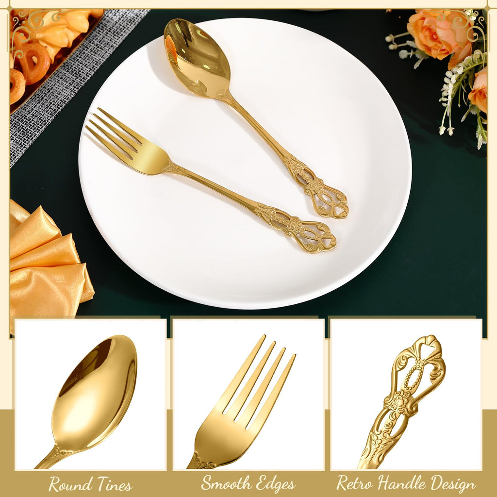 40 Pcs Retro Gold Silverware Set Heavy Duty, Dinner Fork and Spoon