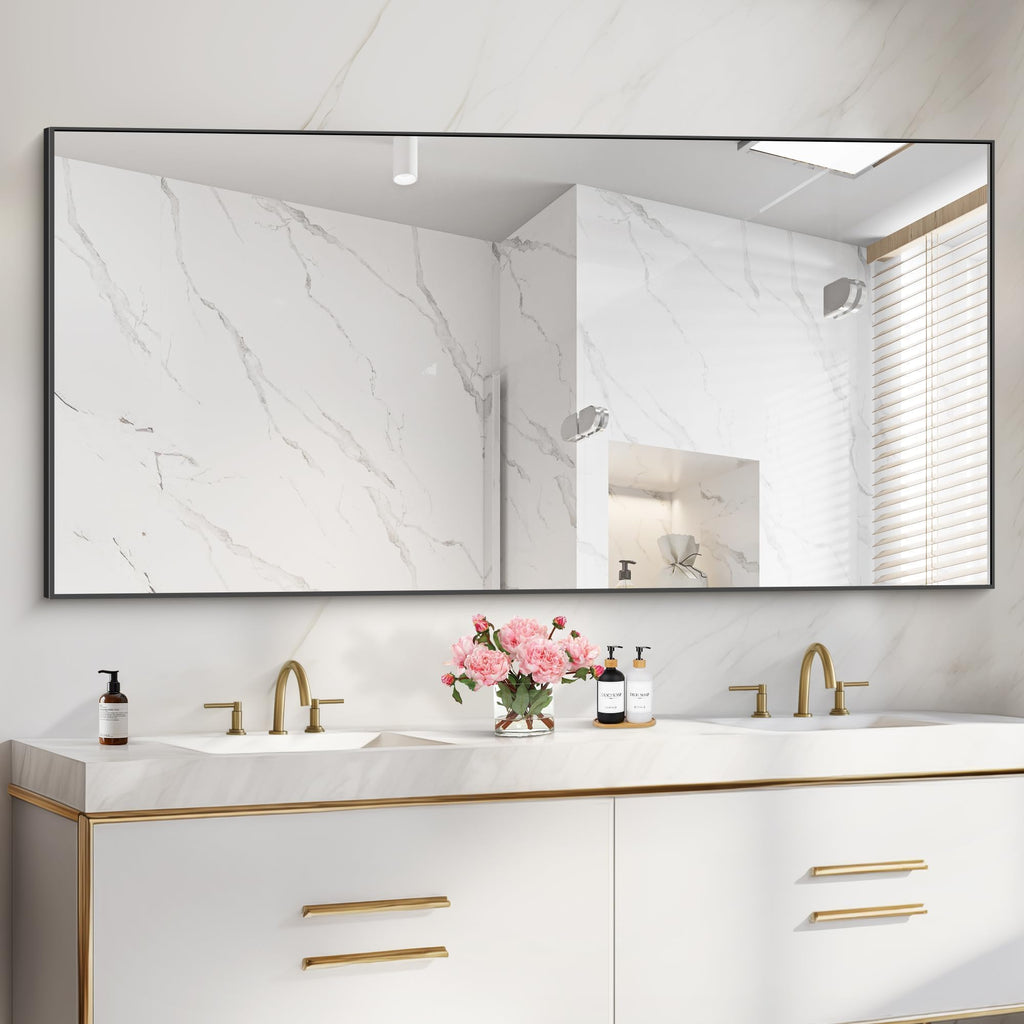 36x72inch Bathroom Mirror, Black Rectangle Mirror with Thin Metal Frame, Large Rectangular Wall Mirrors m, Hair