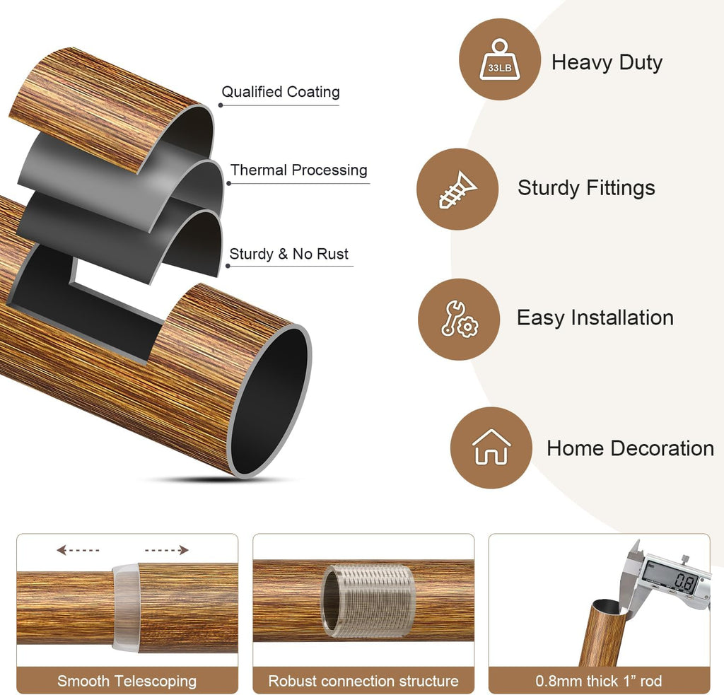 Wood Curtain Rods for Windows 66 to 120 Inches 1" Diameter Boho Decorative Heavy Duty Long Window Curtain Rod