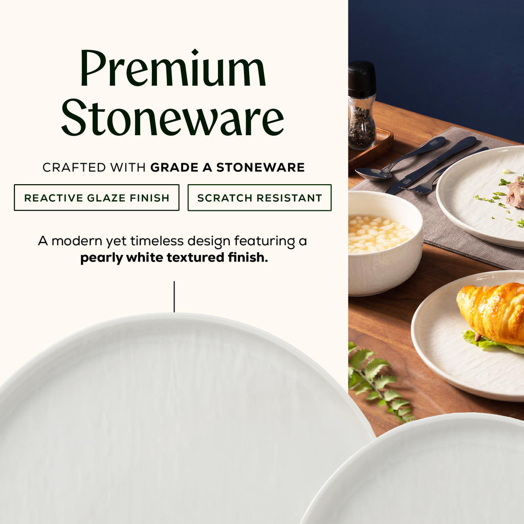 Durable Stoneware Dinnerware Set with Reactive Glaze Finish, 12-Piece, Kai White