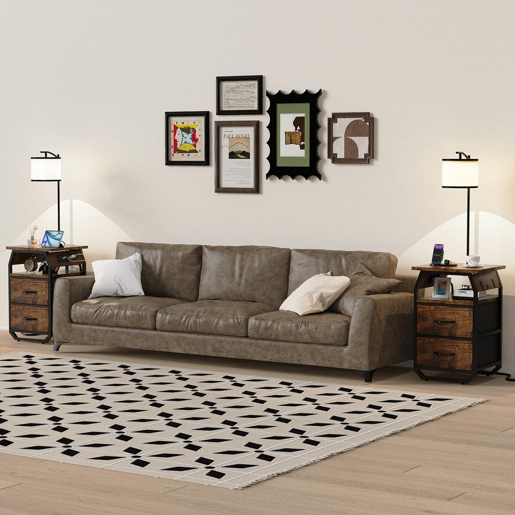 Floor Lamp with Table, End Table with Light and Charging, Rustic