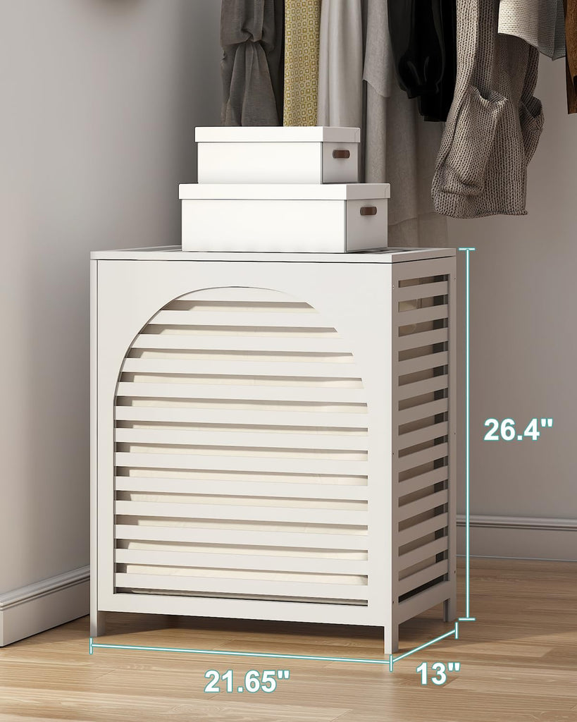 White Laundry Hamper, Laundry Hamper with Lid, 27.3 Gallon (103L) Bamboo Wood Clothes Laundry Basket with Lid and