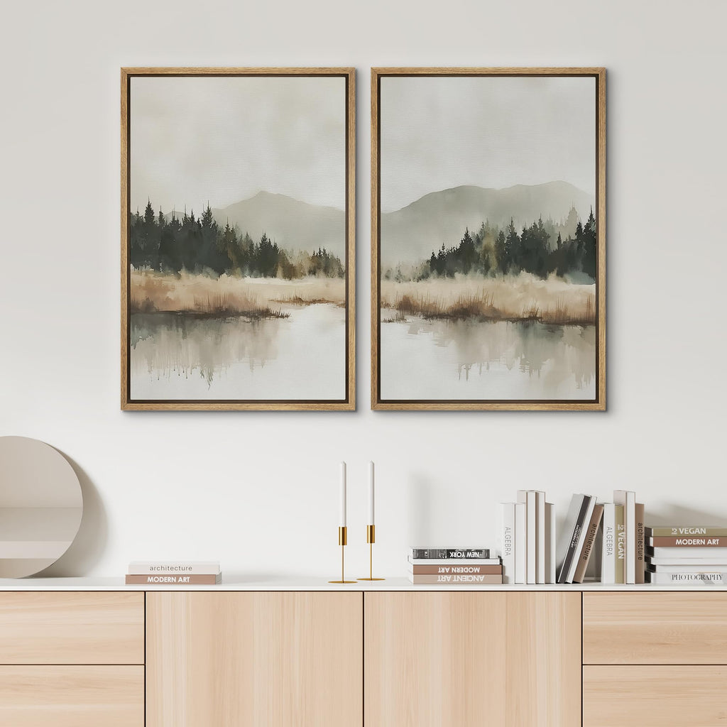 Framed Canvas Print Wall Art Misty Pine Mountain Lake Illustrations Modern Art Decorative - 16"x24"x2 NATURAL