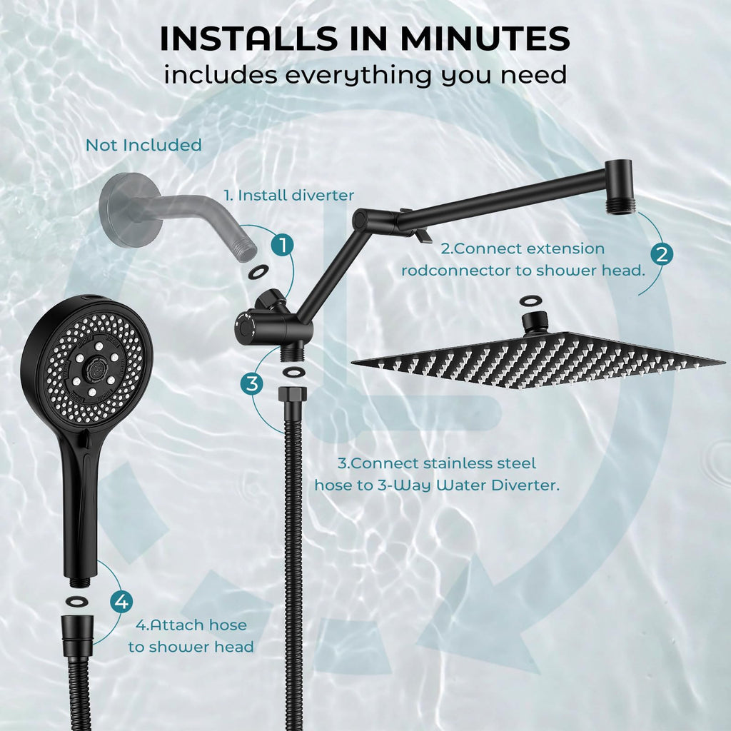 10 Inch Matte Black Rainfall Shower Head with Handheld Combo