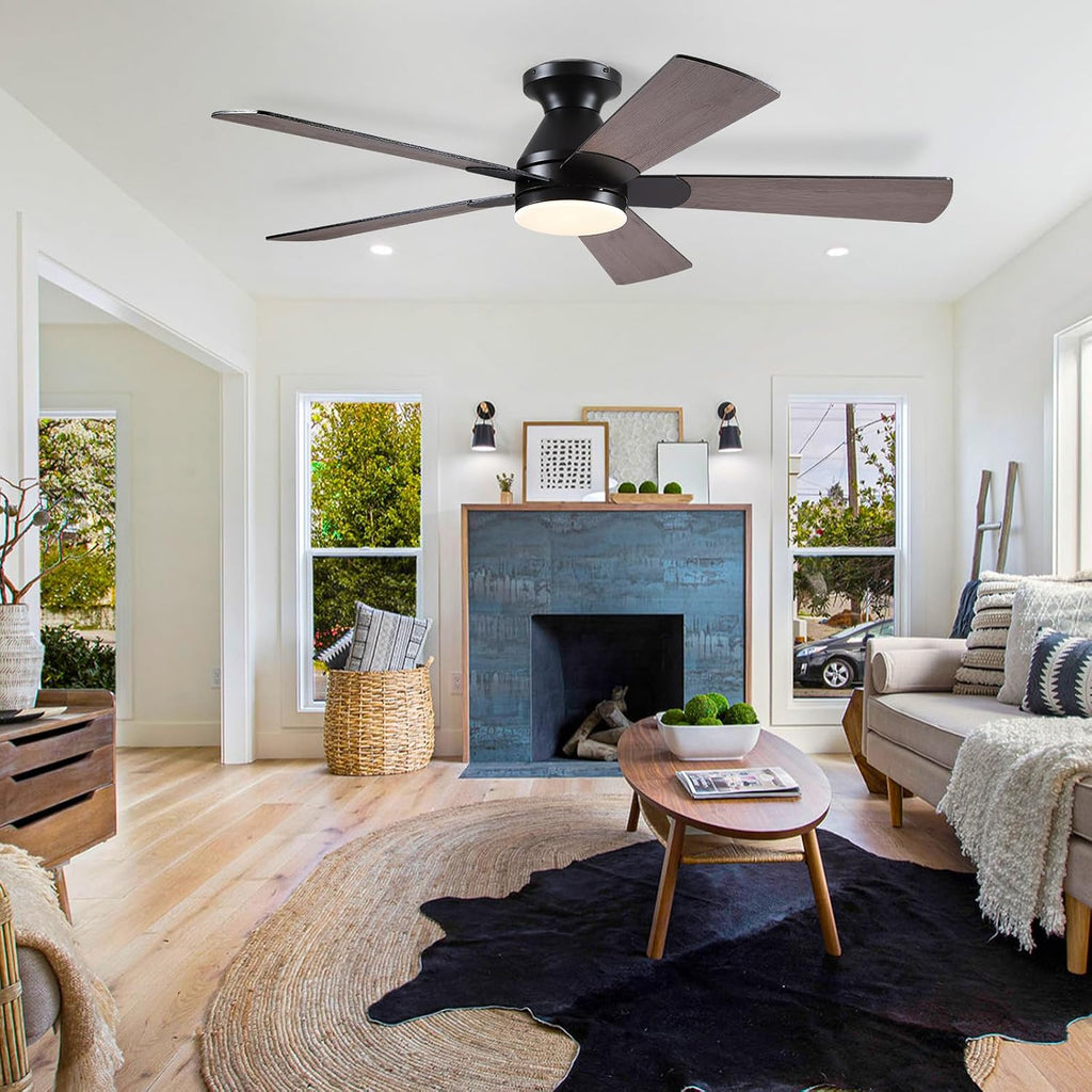 Flush Mount Ceiling Fan with Lights - 52” Indoor/Outdoor Ceiling Fan Light with Remote/APP, Low Profile Modern Fan Light with 6 Speeds, Dimming, for Living Room, Brown A101-B0F2F9BZ8W