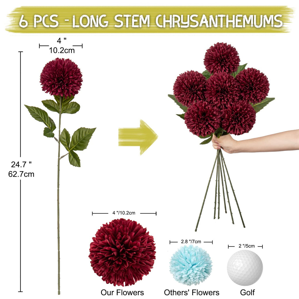 Autumn Artificial Chrysanthemums Ball Flowers 4'' Large Heads Mums Stems Burgundy Fake Hydrangea Flowers Bridal