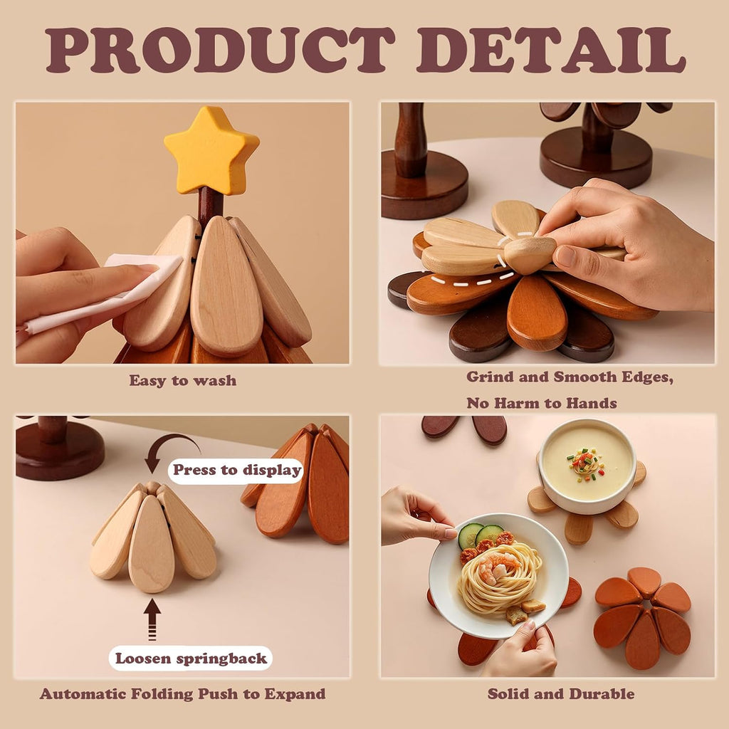 Wooden Trivets for Hot Dishes, Christmas Tree Shape Trivet for Hot Pot Pans, Wood Coasters Counter Decor - Set of 4