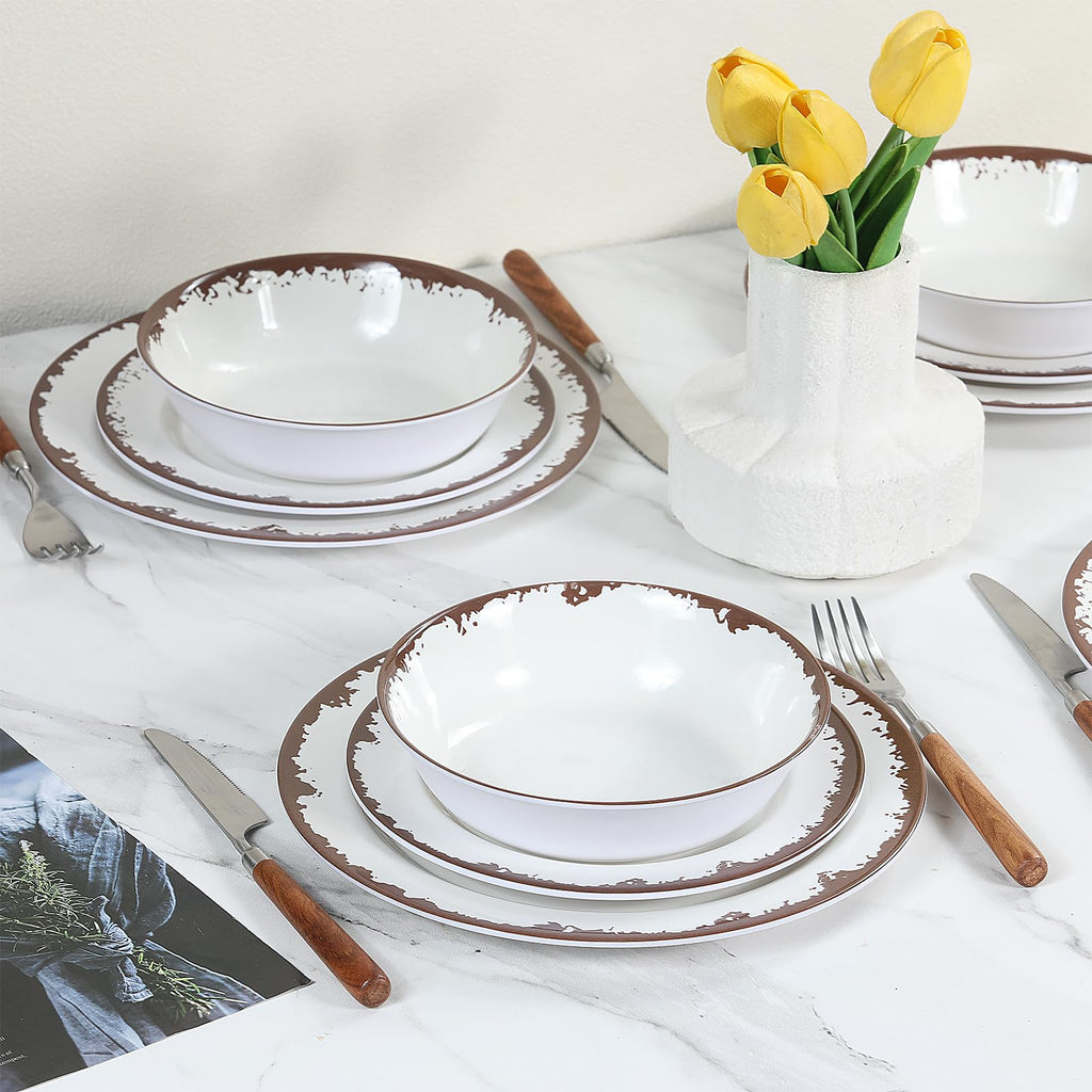 Melamine Dinnerware Farmhouse Plates and Bowls Set for 4-Off White
