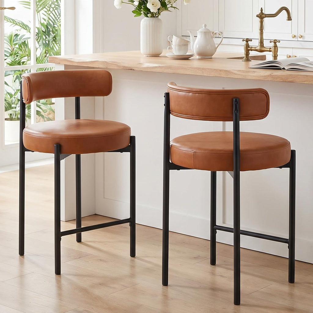 24'' Faux Leather Bar Stools Set of 3, Counter Height Bar Stools with Backs, Upholstered Counter Chairs Island (Vegan