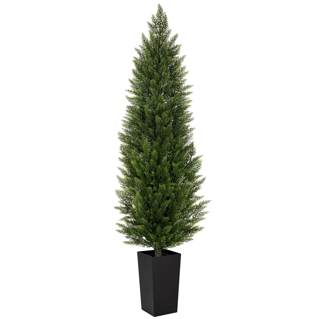Artificial Cedar Topiary Trees with Black Pot, 7 FT UV Resistant Faux Boxwood Plants, Front Porch Decorations