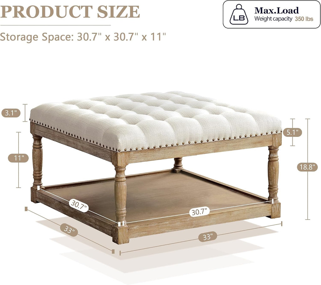 33-inch Square Ottoman Coffee Table, Large Storage Ottoman (Beige) | Tufted Upholstered Linen Ottoman , Farmhouse