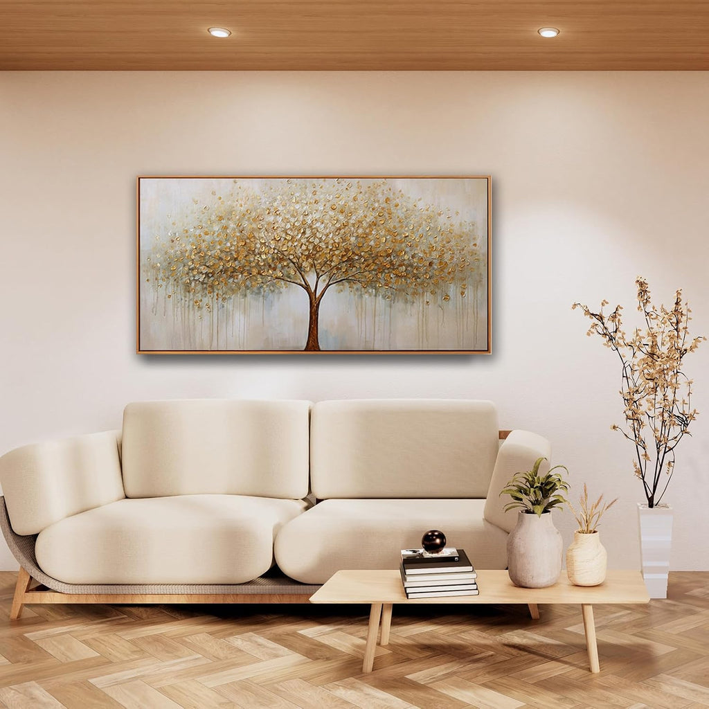 Wall Art Abstract Gold Tree of Life Framed Modern Artwork Canvas Painting Textured Tree Pictures Wall Decor Bedroom