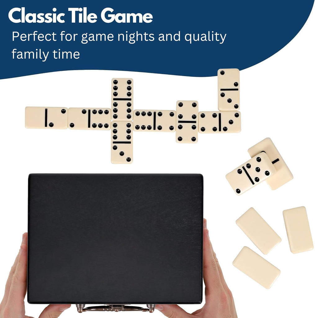 Double 6 Dominoes in Black Stained Wooden Treasure Box, Dominoes Set for Adults, Ivory Color Double Six Domino